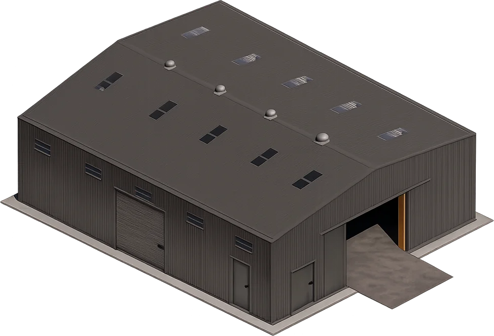 Render de un galpón DeploX con adicionales
